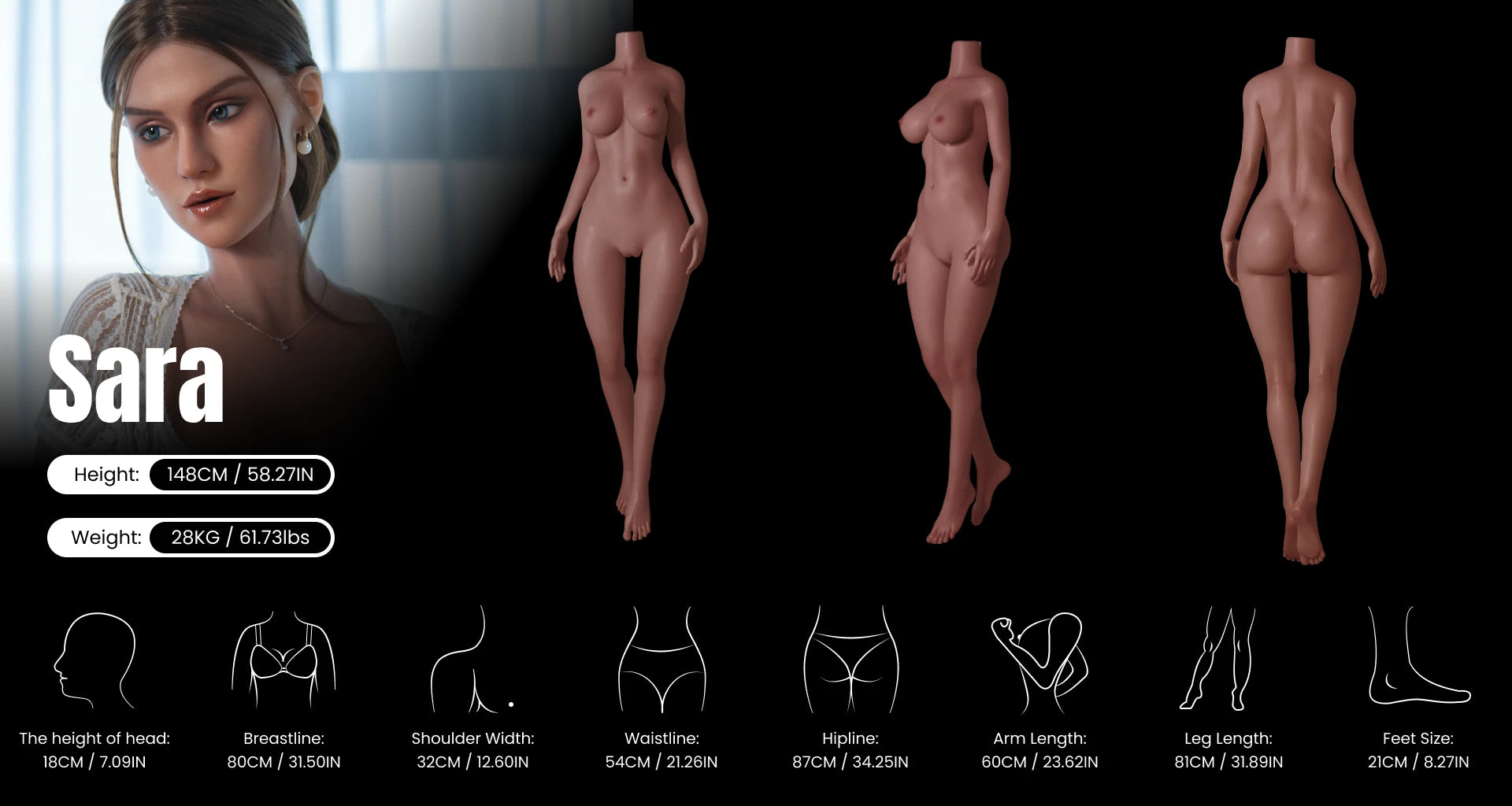 Sara 148cm warm-toned skin gentle sex doll combined three-view image showing chest, waist, hips, shoulders, arms, muscle lines and skin texture, including body measurements, for product detail page