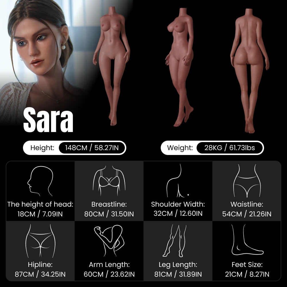 Sara 148cm warm-toned skin gentle sex doll combined three-view image (front, side, back) with rounded soft chest, perfect waist-hip ratio, realistic muscle lines and skin texture, including body measurements, for mobile display