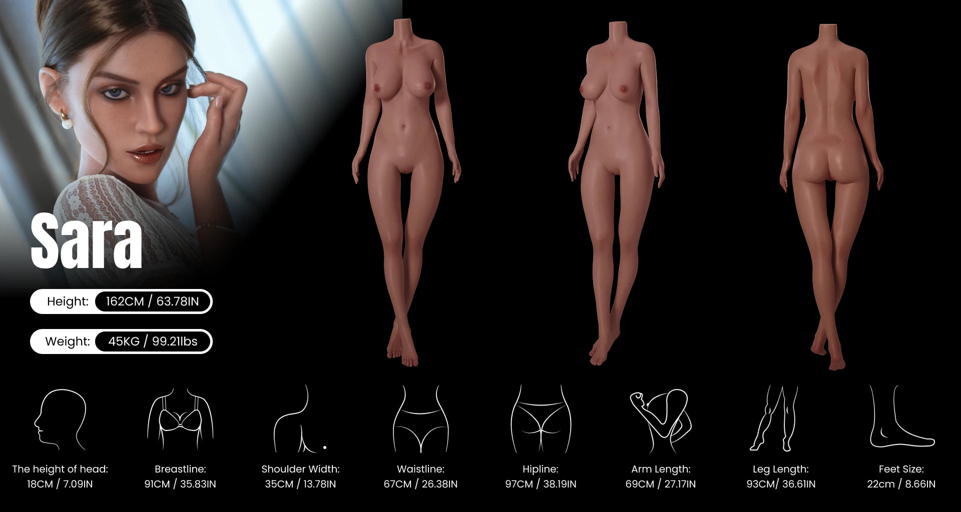 Sara 162cm warm-toned skin gentle sex doll combined three-view image showing chest, waist, hips, shoulders, arms, muscle lines and skin texture, including body measurements, for product detail page