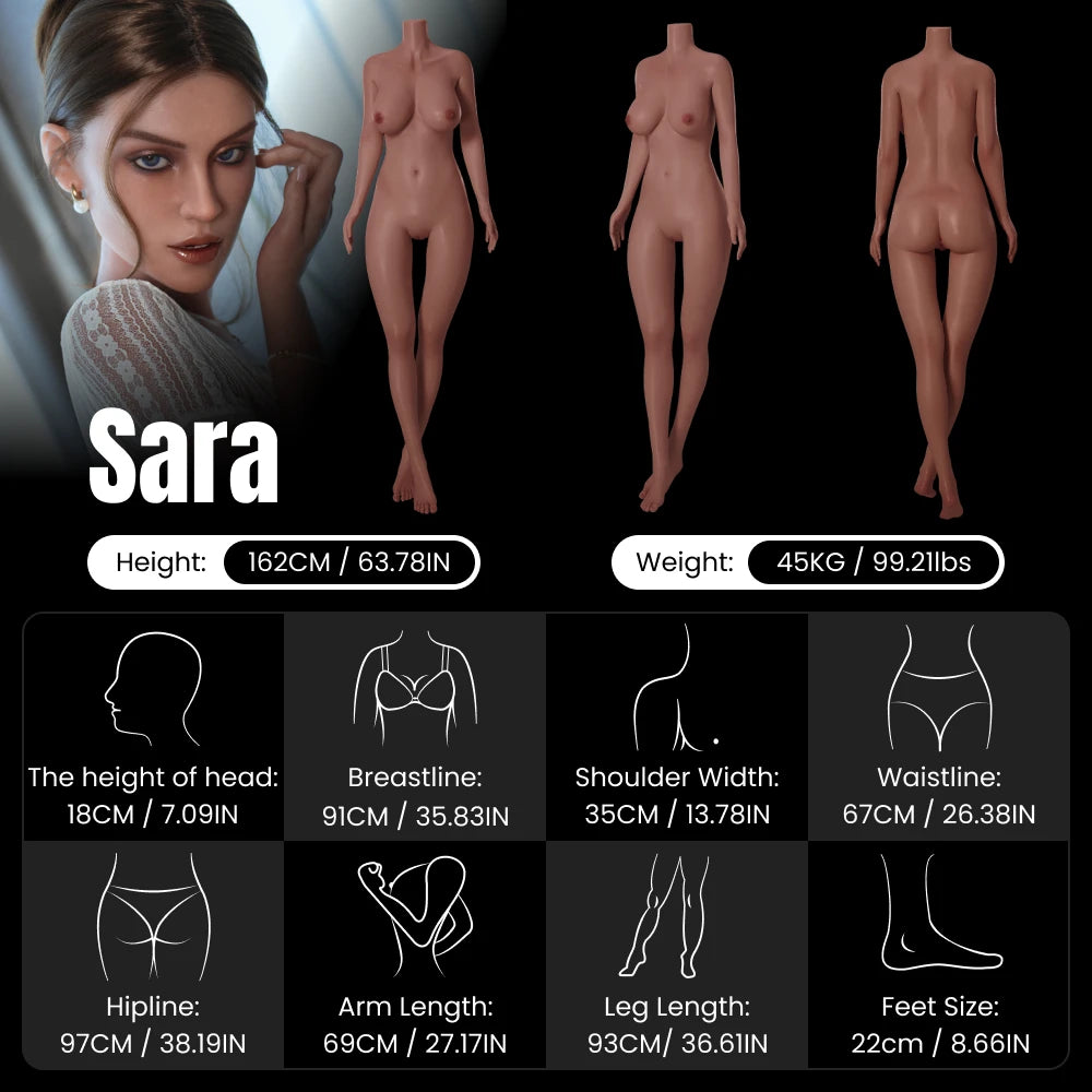 Sara 162cm warm-toned skin gentle sex doll combined three-view image (front, side, back) with rounded soft chest, perfect waist-hip ratio, realistic muscle lines and skin texture, including body measurements, for mobile display