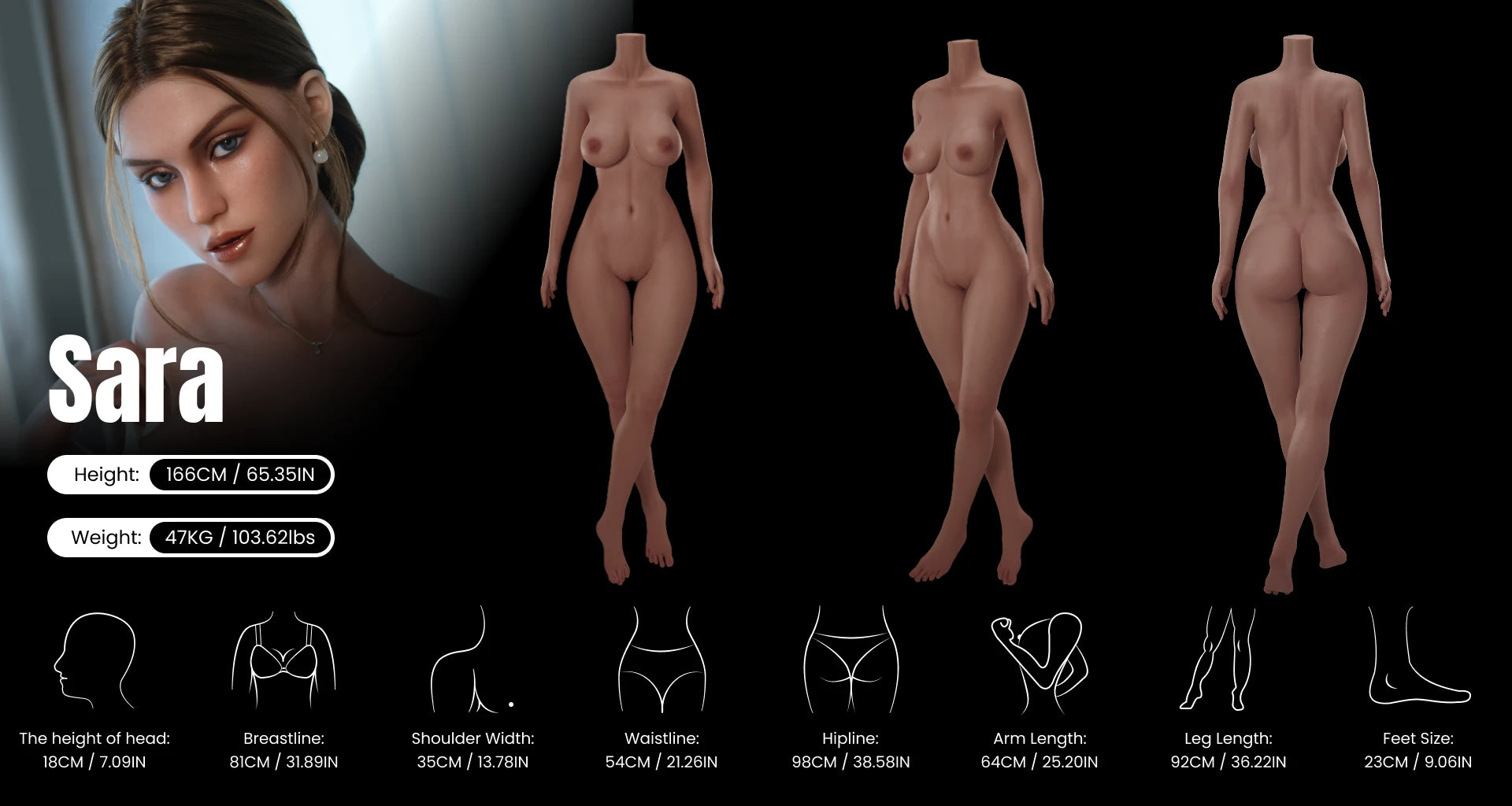 Sara 166cm warm-toned skin gentle sex doll combined three-view image showing chest, waist, hips, shoulders, arms, muscle lines and skin texture, including body measurements, for product detail page
