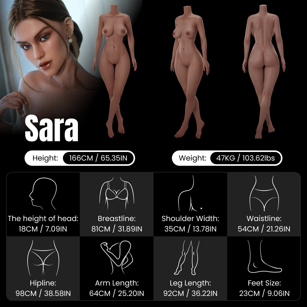 Sara 166cm warm-toned skin gentle sex doll combined three-view image (front, side, back) with rounded soft chest, perfect waist-hip ratio, realistic muscle lines and skin texture, including body measurements, for mobile display