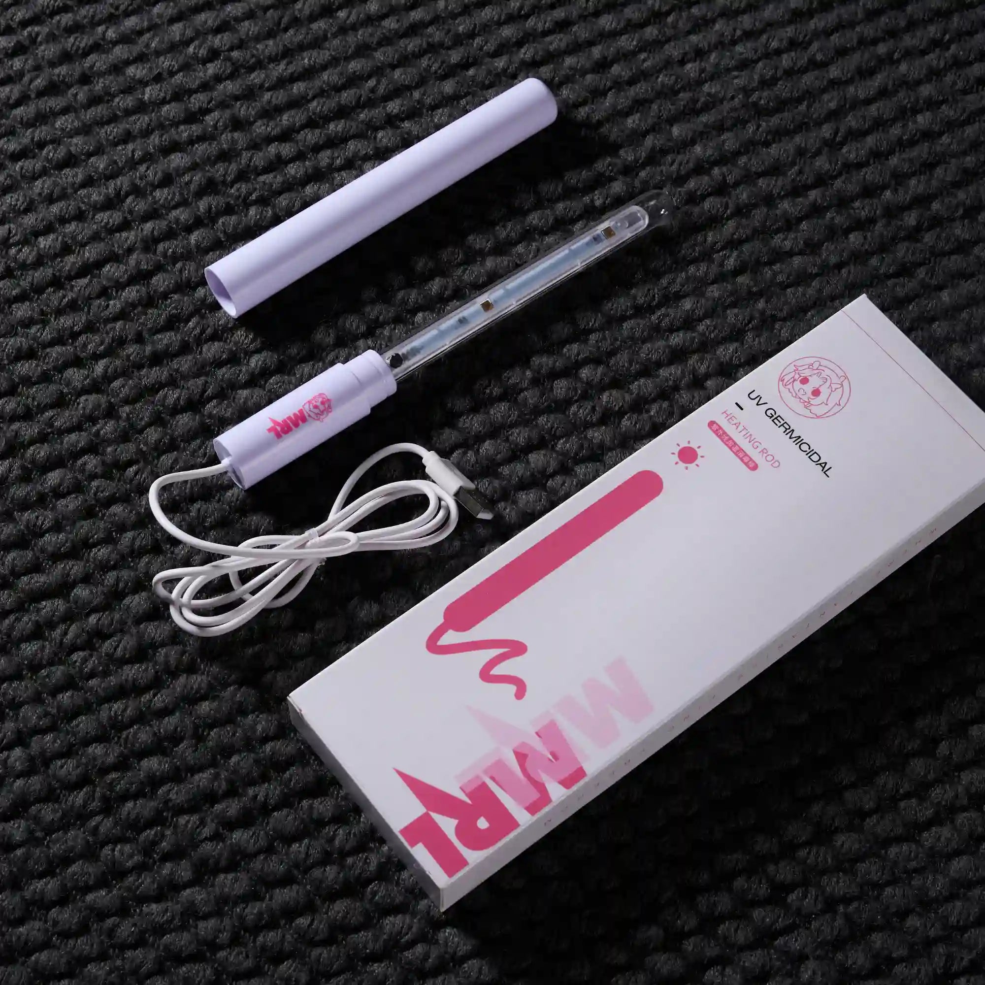 Image of Flat lay of MRLDOLL silicone doll UV sterilization rod with all components and packaging box displayed for complete maintenance overview