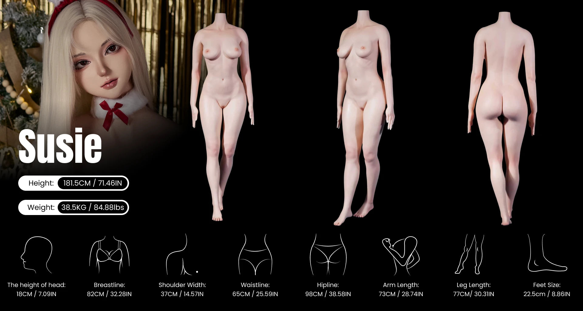 MRLDOLL Susie 181.5cm large realistic sex doll body measurements chart for product detail page, showing front, side and back views with detailed height, waist and hip sizes