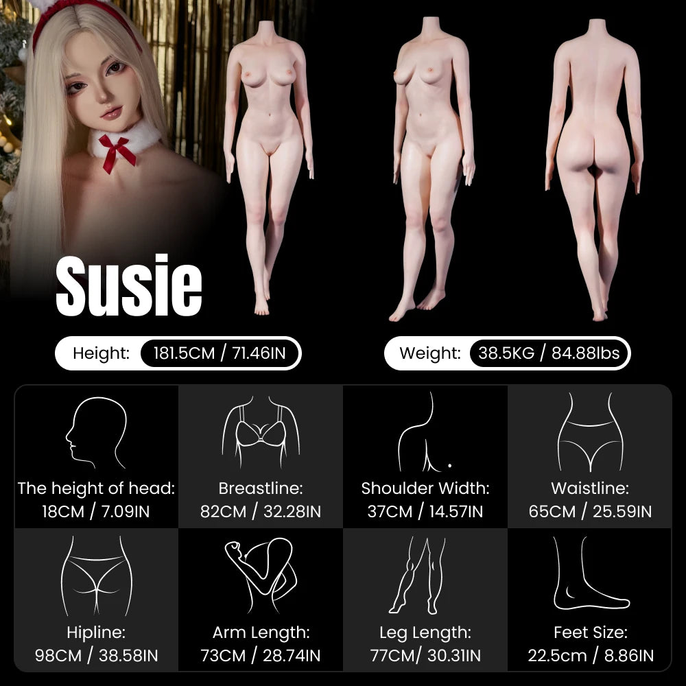 MRLDOLL Susie 181.5cm large realistic sex doll body measurements chart for mobile, showing front, side and back views with detailed height, waist and hip sizes