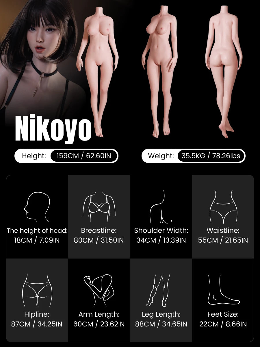Image of Nikoyo 159cm young Japanese short hair silicone doll desktop body data with front view, side view, back view, bust waist hip measurements and weight by MRLDOLL

