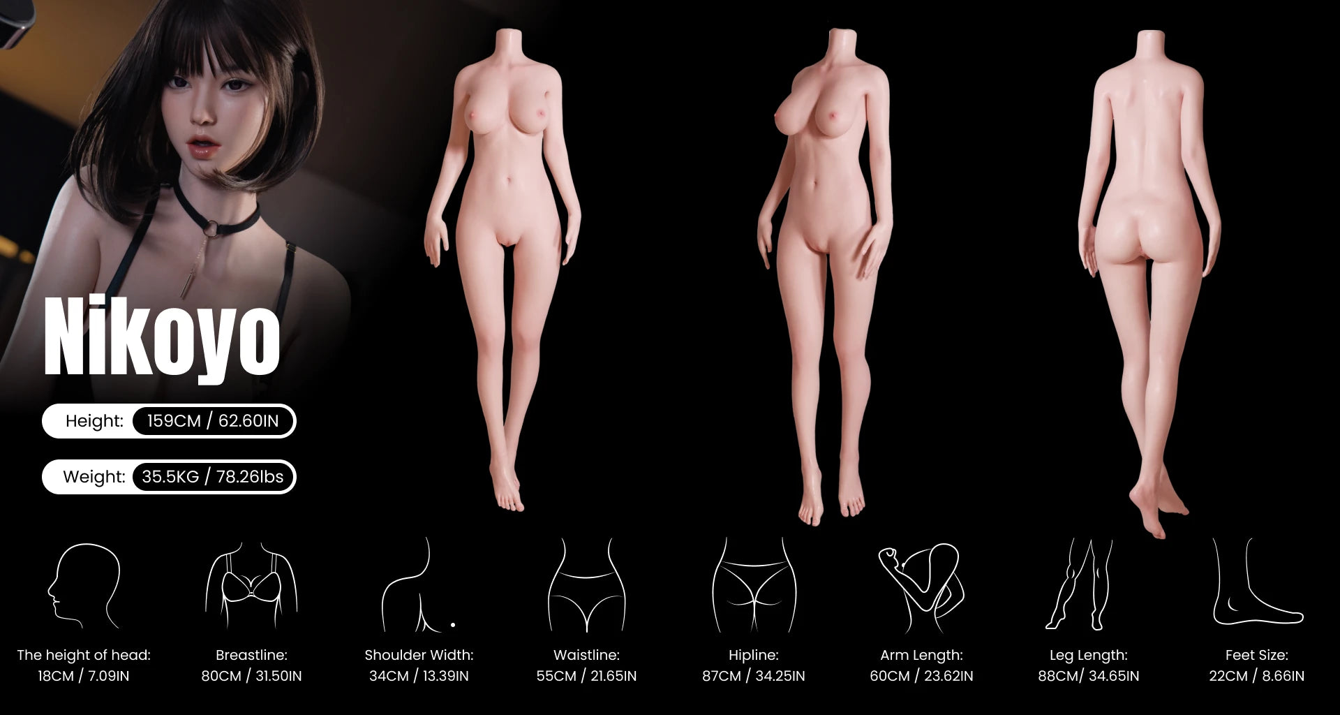 Nikoyo 159cm young Japanese short hair silicone doll product detail body data with front view, side view, back view, bust waist hip measurements and weight by MRLDOLL

