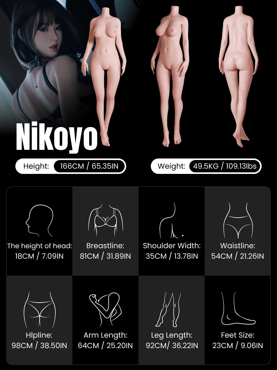 Image of Nikoyo 166cm young Japanese short hair silicone doll desktop body data with front view, side view, back view, bust waist hip measurements and weight by MRLDOLL
