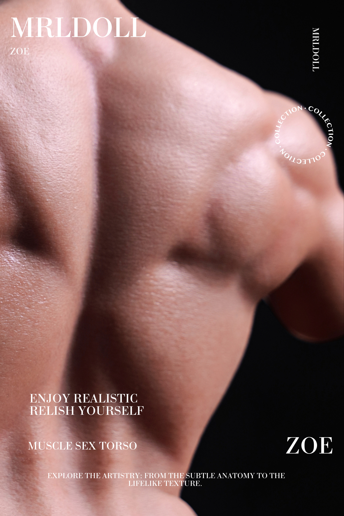 Back view of a silicone muscle torso with detailed anatomical muscle sculpting and lifelike skin texture
