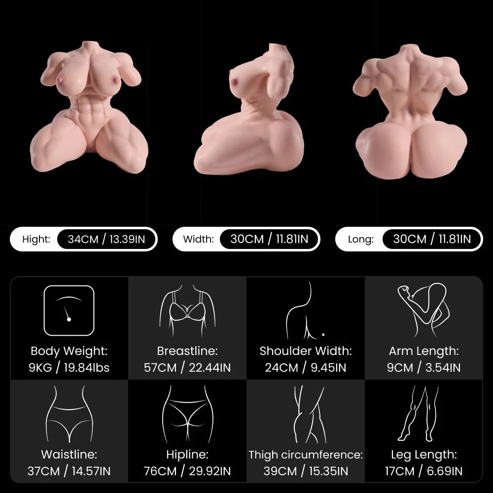 Image of Anatomically accurate white large silicone muscle torso by MRLDOLL shown in front, left, and back views with detailed body measurements
